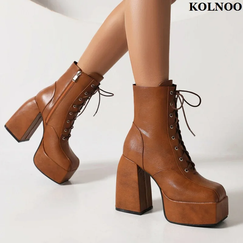 

Kolnoo 2023 New Classic Style Ladies Chunky Heels Ankle Boots Crisscross Shoelace Xmas Party Booties Evening Fashion Prom Shoes