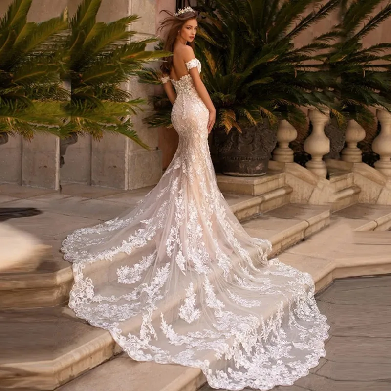 Customized Sexy Mermaid Lace Wedding Dresses Sweetheart Off The Shoulder Bride Gowns With Train Backless Button Robe De Mariée 3