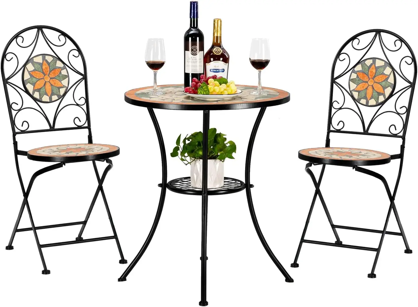 3 Pieces Garden Patio Mosaic Table, Outdoor Bistro Set with Folding Chairs,Black Iron Frame