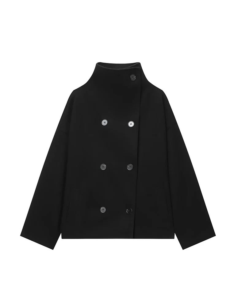 New Women Stand Collar Winter Woolen Coats Double Breasted Loose Long Sleeve Jacket Female Street Turtleneck Short Coats