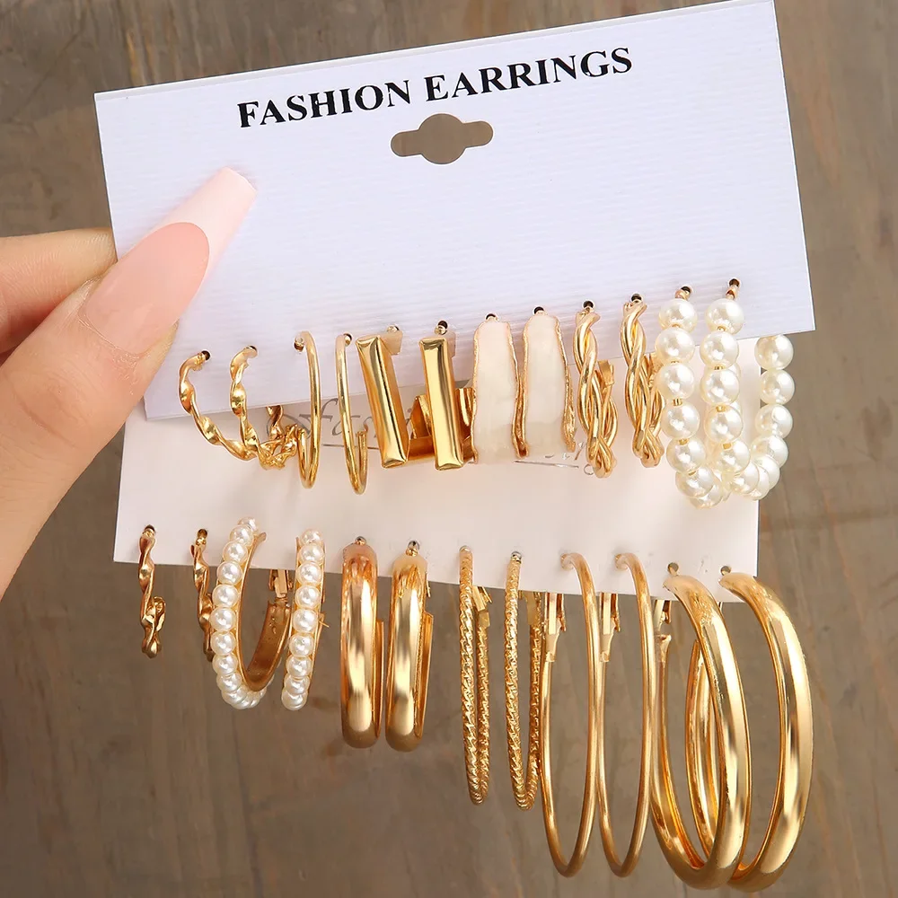 Hoop Earrings 12 Pcs Boho Big Circle Set for Women Gold Bohemia Vintage Pearl Square Heart Zircon Studs Jewelry