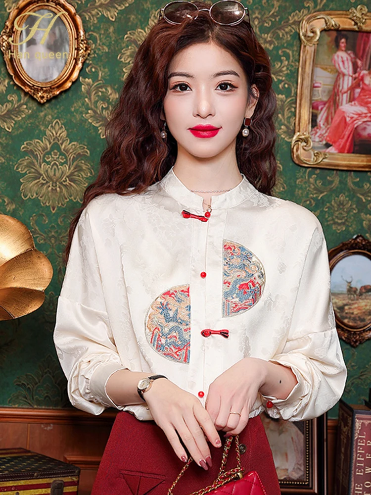 H han queen 2024 summer blusas simple office lady chiffon female shirts