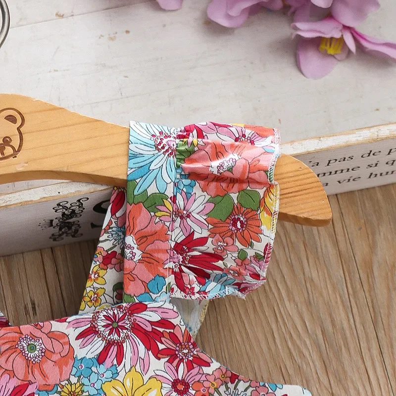 (Girls 0-3 years old)New Summer Girls Dress Halter Small Flying Sleeve Ruffled Flowers Full Print + Crossbody Bag A-line Dress Baby & Maternity