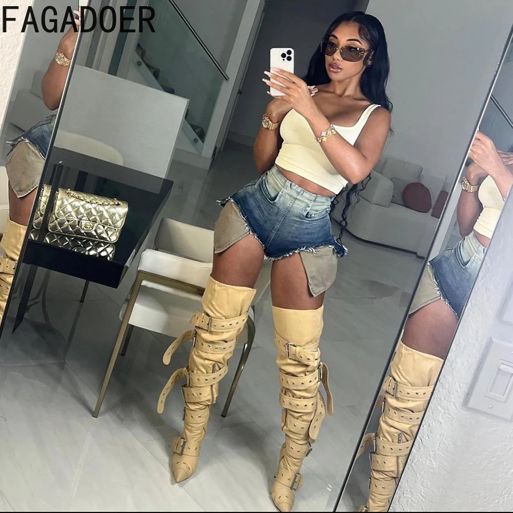 FAGADOER Fashion Y2K Sexy Denim Shorts Women High Waist Pockets Patchwork Ripped Jeans Short Female Stretch Hotsweet Shorts traf