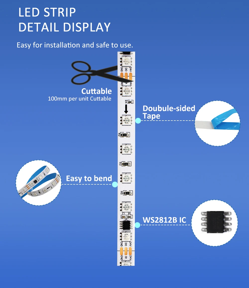 WS2811 RGB IC Fließendes Wasser Fließende Streifen Lichter DC 24 V 5050 60 Leds RGBIC Flexible Band RF Touch Fernbedienung LED Beleuchtung – Detail 8