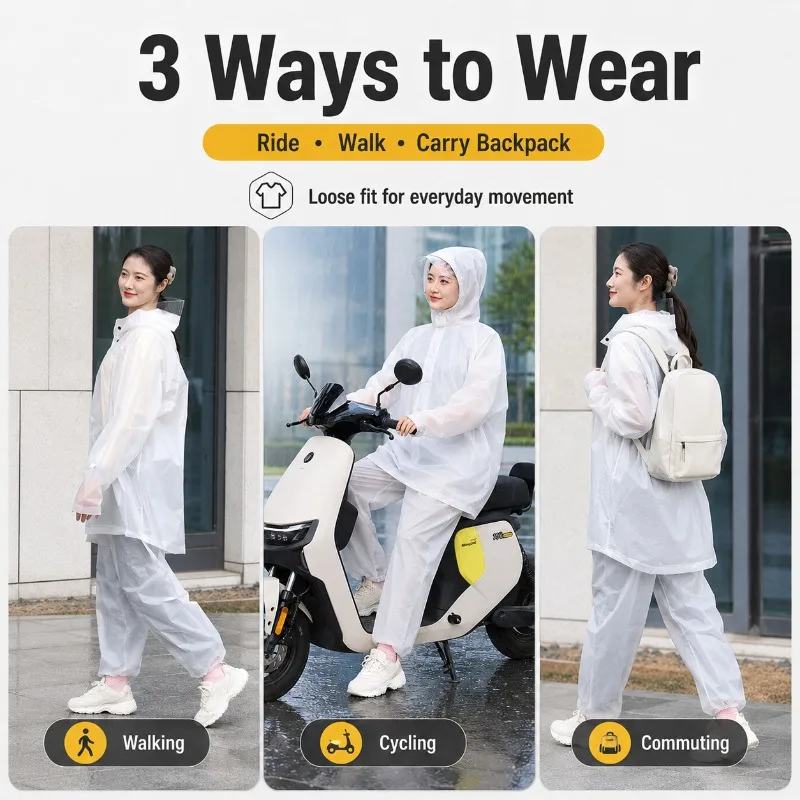 Waterproof Rain Suit for Women – Loose Fit Two-Piece Jacket & Pants, Hooded Scooter Commuting Rainwear - 2