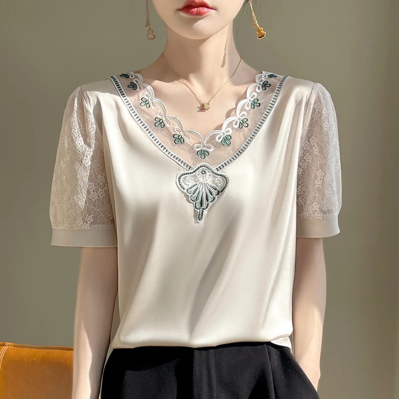 Spring/Summer 2024 New Satin V-neck Chiffon Women's Short-sleeved Lace Spliced Outer Wear Bottom Shirt