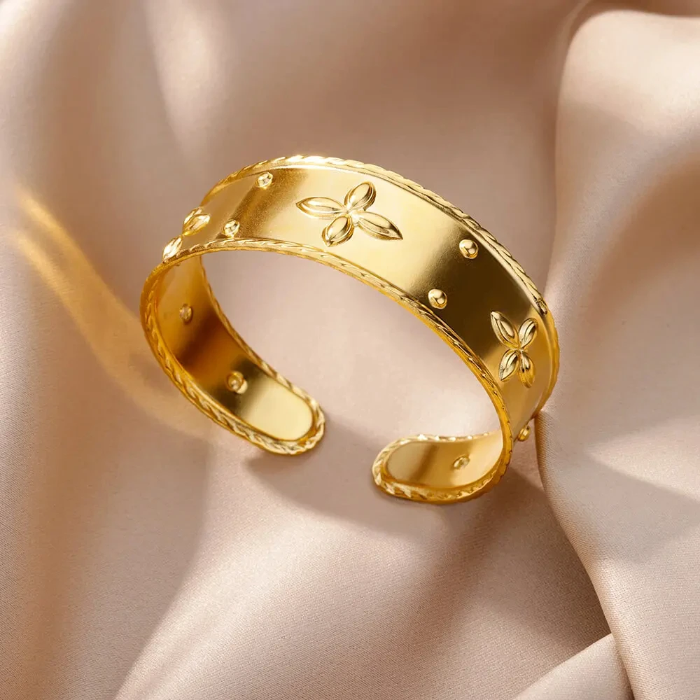 Cross Flower Bangles Bracelet for Women Stainless Steel Gold Plated