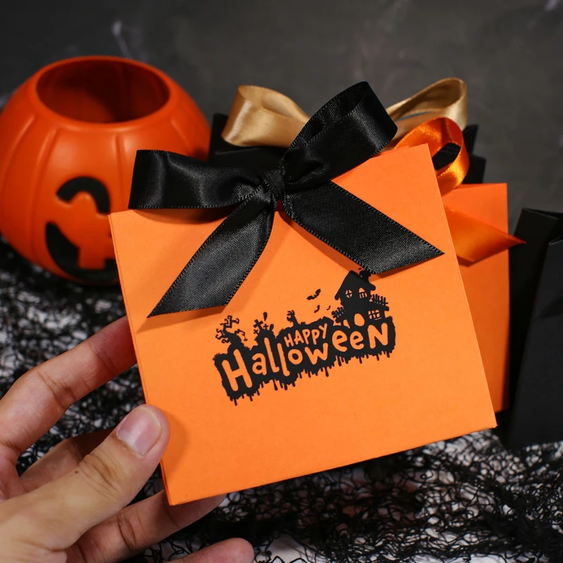 Halloween-Geschenkbox-Set, „Happy Halloween“-Aufdruck, Orange mit schwarz/orangefarbenen Bandschleifen, festliche Halloween-Geschenke – Detail 2