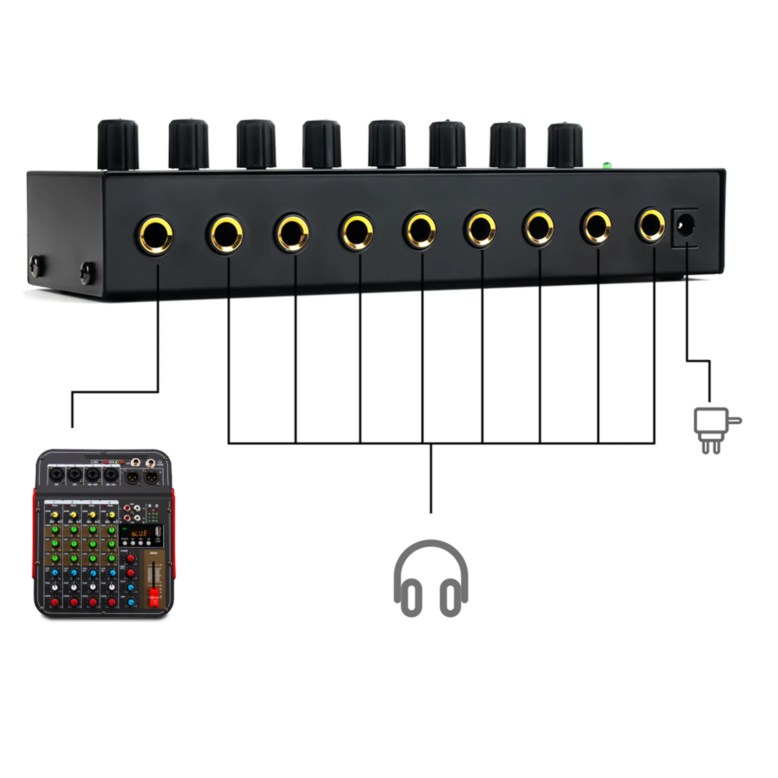 Headphone amplifier Stereo amplifier Audio Mixer Ultra-Compact 8 Channels HA800 Stereo Amplifier Mini Stereo Headphone Amplifier with Power Adapter