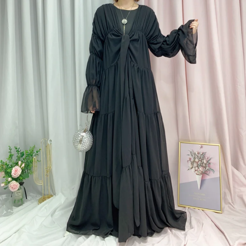 Muslim Abayat Dress Solid Color Puff Sleeves Robe Femme Musulman Elegant Fashion Ladies Dress for European and American Dubai