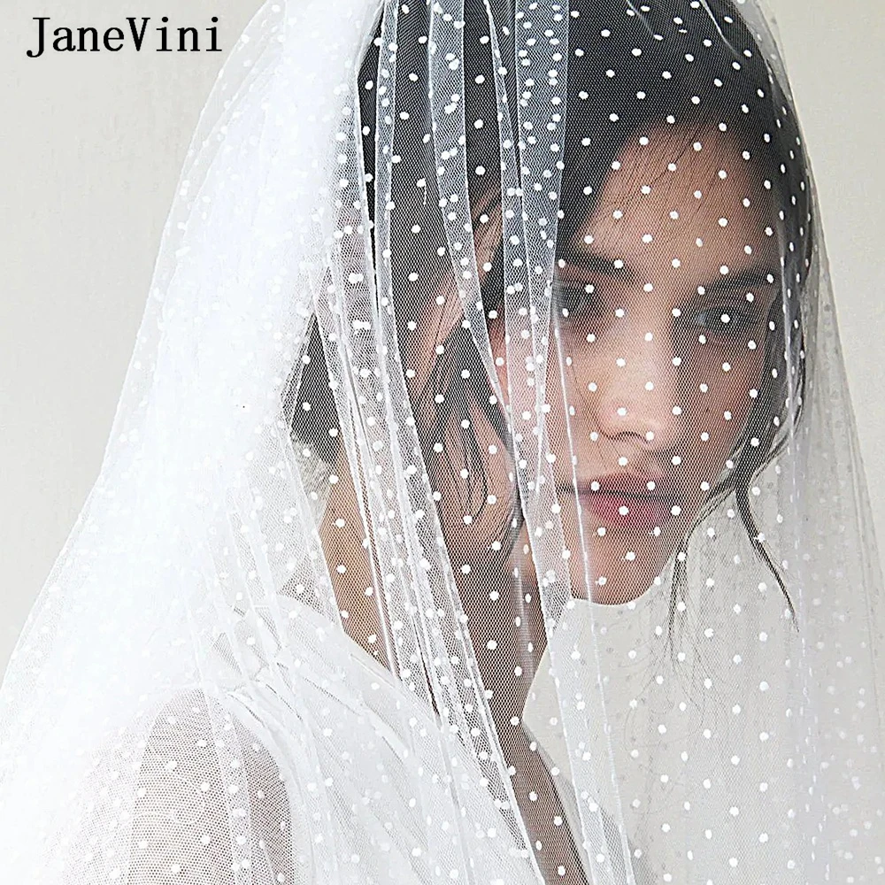 

JaneVini Chic Dot White Wedding Veil 2 Layer with Blusher Comb Tulle Bridal Veils Bride Long Bachelorette Party Women Headdress