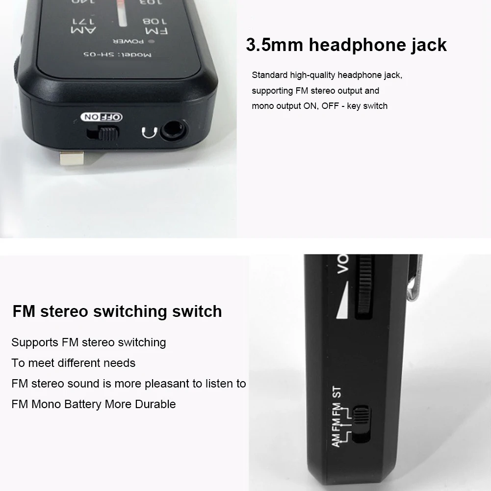 미니 AM FM 스테레오 라디오에는 헤드폰이 포함되어 있습니다. 백 클립이 있는 휴대용 음악 플레이어, 배터리로 작동되는 핸드 라디오, 조깅 캠핑용