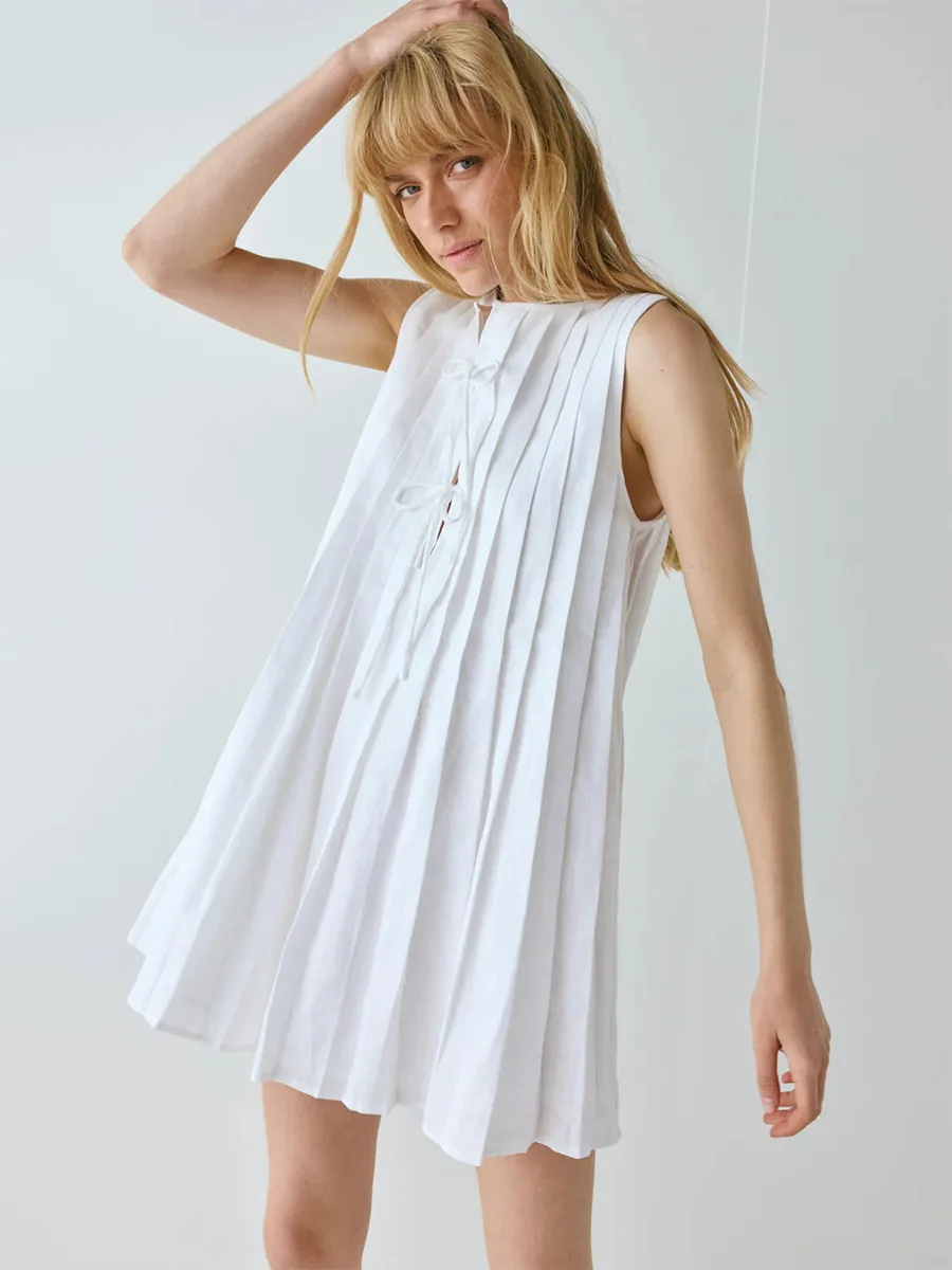 Bornladies Women's 2026 Summer New Pleated Tank Dress Fresh Relaxed Style Pleat Mini Short Dress