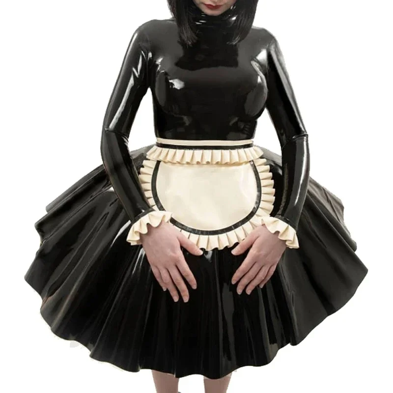 

Sexy French Maid Latex Dress with Ruffs Cuffs on Apron Zipper at Back Rubber Uniform Bodycon Playsuit