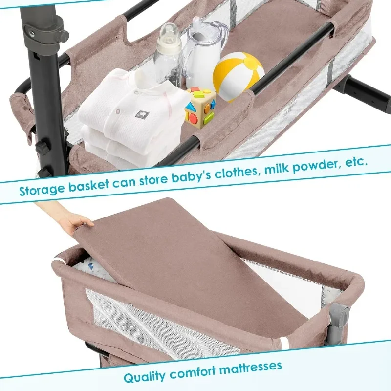Newborn Crib with Movable Folding Bed, Diaper Table, Roller, Large Storage Bag, Mosquito Net, Adjustable Portable Crib