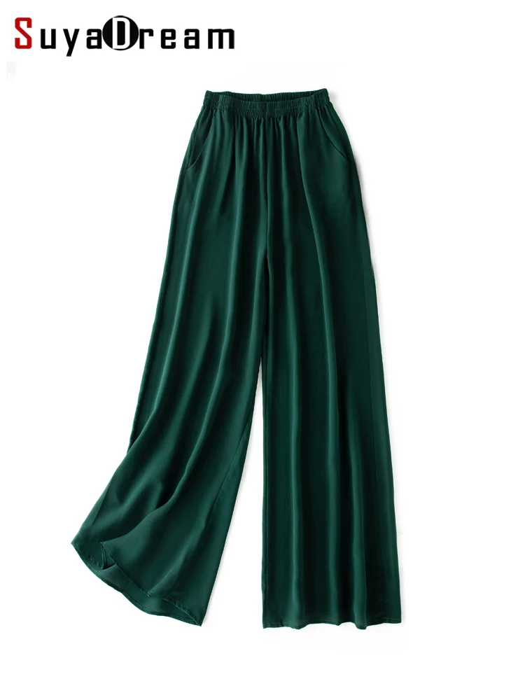 SuyaDream Women Wide Leg Pants 100%Real Silk Solid Elastic Waisted Ankle-length 2022 Office Spring Autumn Chic Trousers Black 2023 summer new women chic fashion with seam detail office wear pants vintage high waist zipper fly female ankle trousers mujer