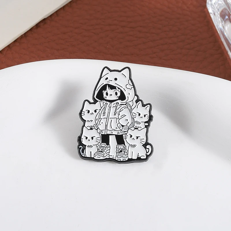 Katze Mädchen Emaille Pins Benutzerdefinierte Anime Einfache Zeichnung Broschen Revers Abzeichen Kleidung Tier Schmuck Geschenk für Kinder Freunde – Detail 6