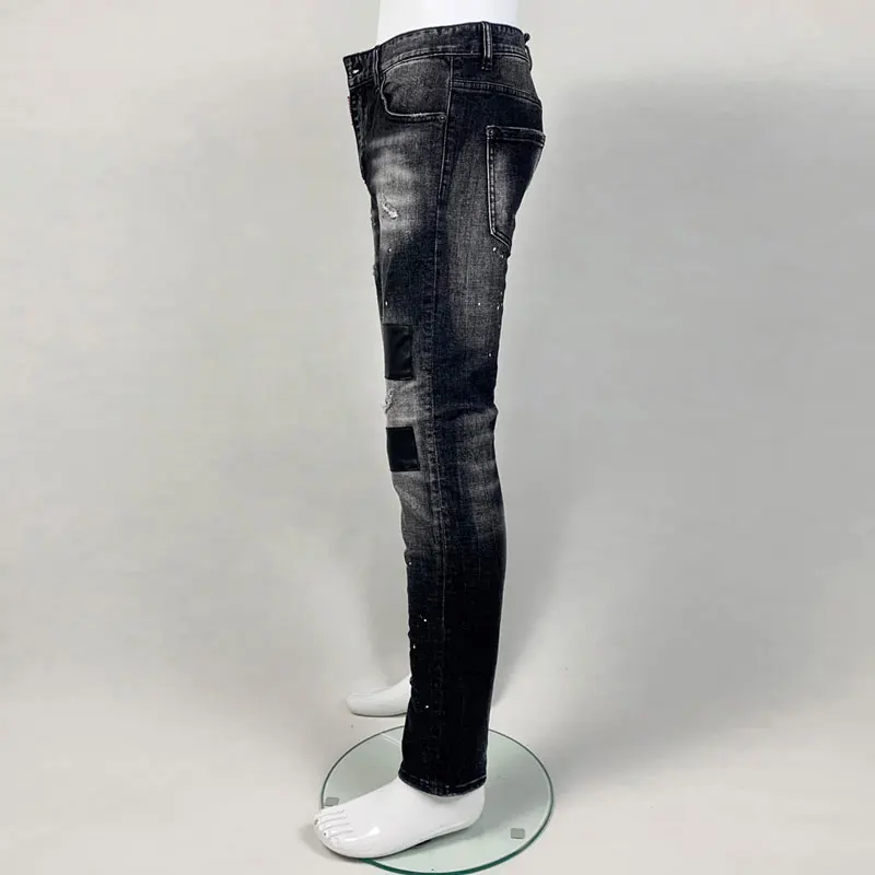 Street Fashion Men Jeans Retro Black Gray Stretch Slim Fit Ripped Jeans Men Leather Patched Designer Hip Hop Brand Pants Hombre