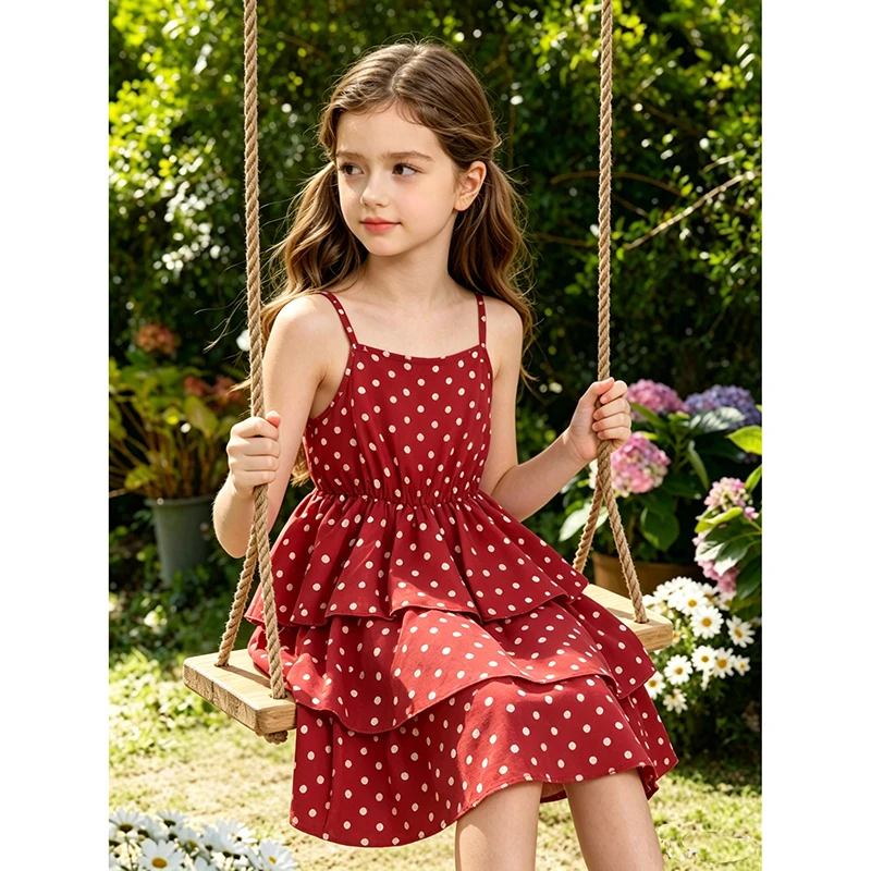 Prinzessinnenkleid für Kinder von 4–12 Jahren, Sommerkleid mit gepunktetem Kuchen für Mädchen, formelle Kleider, Geburtstag, Hosting, Party, Strandurlaub