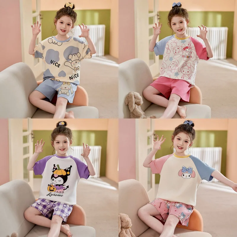 

Пижама для девочек Sanrio аниме kuromi melody Cinnamoroll из двух частей, брюки с коротким рукавом и цветным блокирующим рисунком kawaiistyle