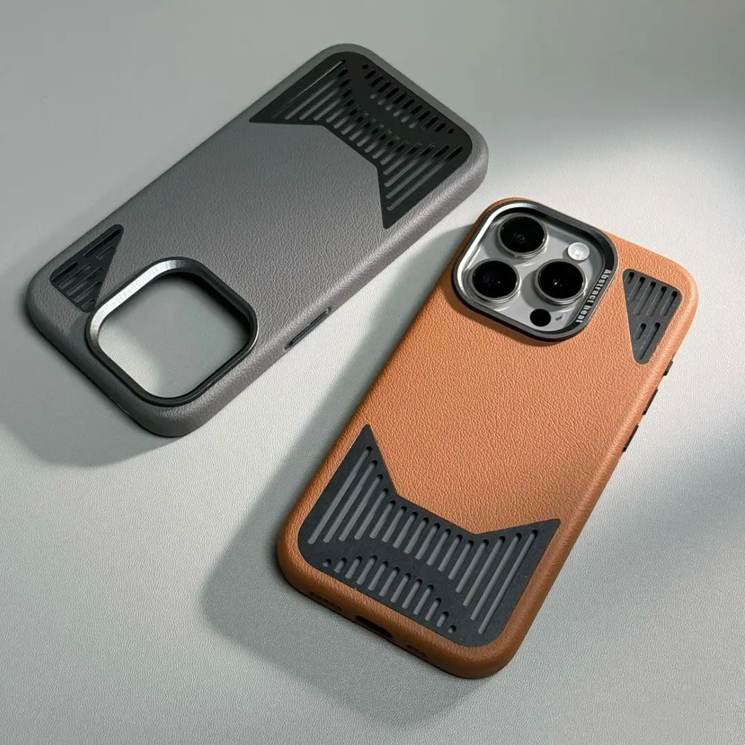 

New Aluminium Alloy Vegan Leather Clash 15promax Magnetic Phone Case iPhone 14pro Hollow Out Cooling 15promax 14promax 13promax