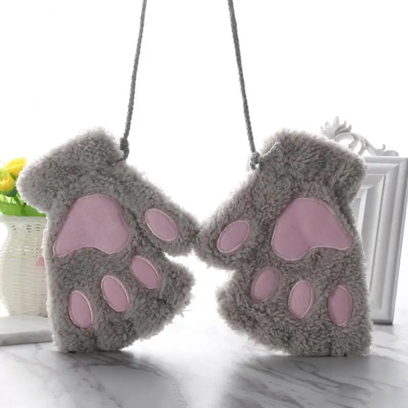1 Pair Winter Warm Fingerless Gloves Soft Cotton Fluffy Plush Cat Paw Lovely Half Finger Mitten Kids Outdoor Accessories Gift