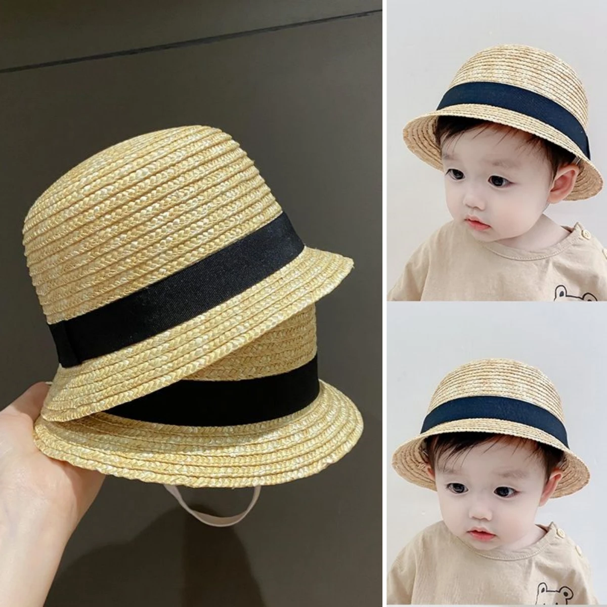 FashionBabyNaturalWheatStrawHatNewbornBoysPanamaCapBoysGirls