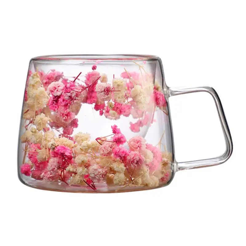 Double Wall Glass Cup Clear Dried Flowers Glass Tea Cup Double Wall Dried Flowers Tea Heat Resistant Cups 200ml drinking glass