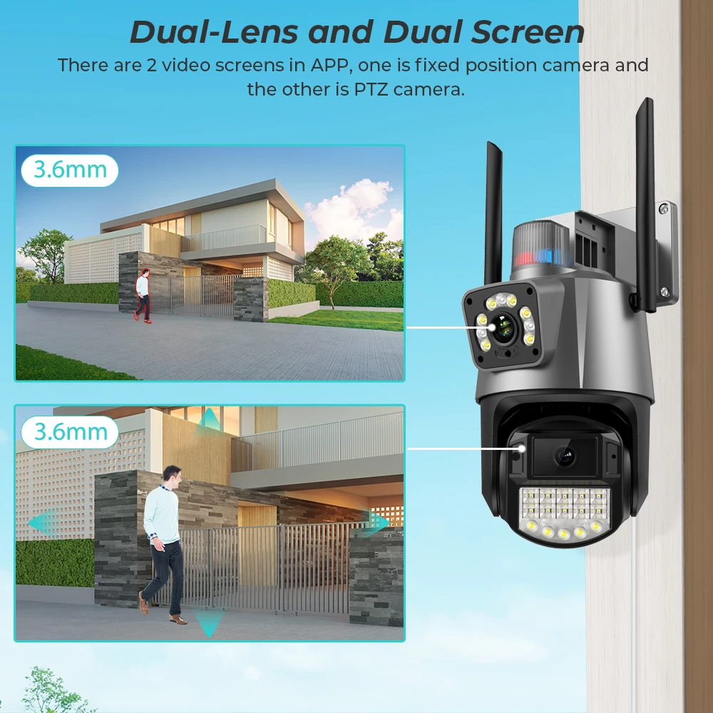 8MP 4K IP Camera Outdoor WiFi PTZ Dual Lens Dual Screen Auto Tracking Waterproof Security Video Surveillance Police Light Alarm