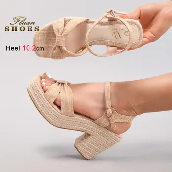 Hemp Rope Wedge Heel Sandals Woman Apricot Coarse Heel Sandals Summer Super High Heel Thick Soled Shoes Casual Versatile Sandals