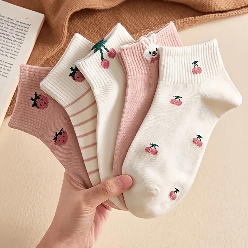 Charming Women's Socks Double Pack - Cute Cherry, Strawberry & Rabbit Designs, Comfortable & Breathable