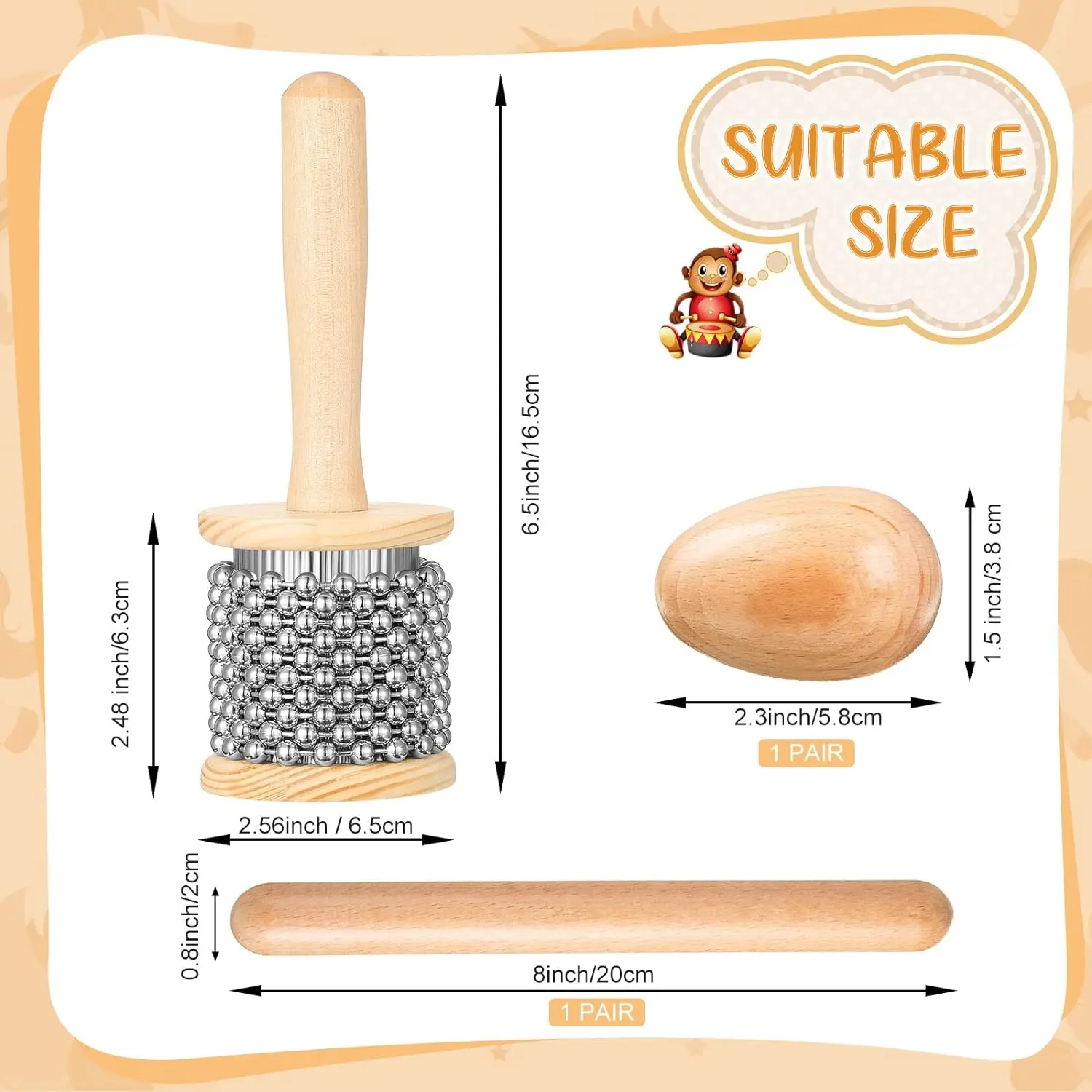 5-piece Set Wooden Percussion Mini Cabassa Stainless Steel Beaded Rhythm Bar Egg Rattle Musical Instrument