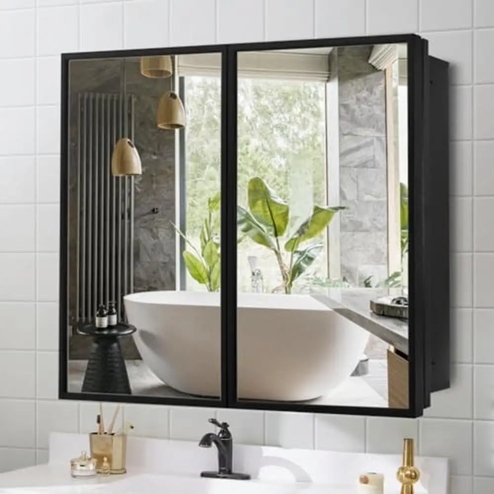 

30" Black Metal Framed Bathroom Medicine Cabinet with Mirror Spacious 3 Shelves Slow-close Door Surface/Recess Installation