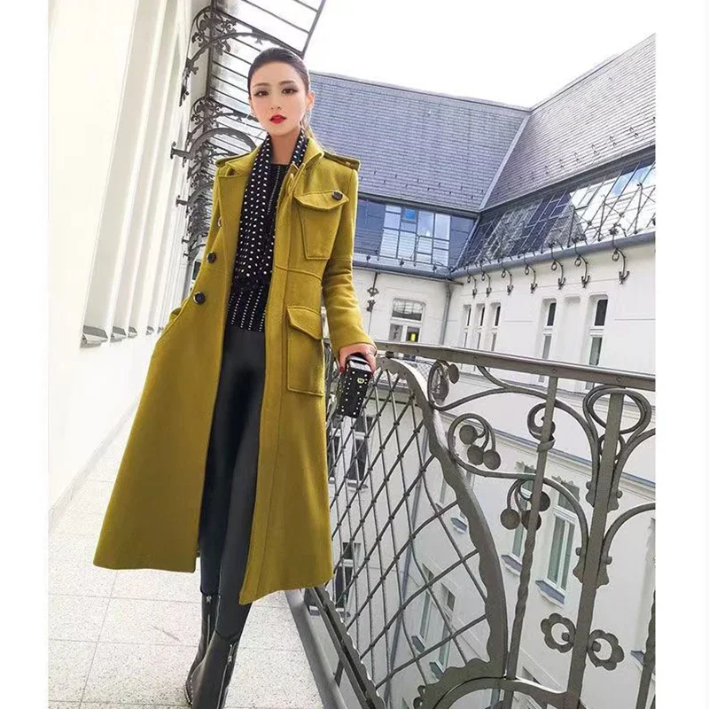 2023 Autumn And Winter New Women\'s Slim Mid-Length Coats  Army Green v-Neck Lady Coat Thickened Wool Women Jacket