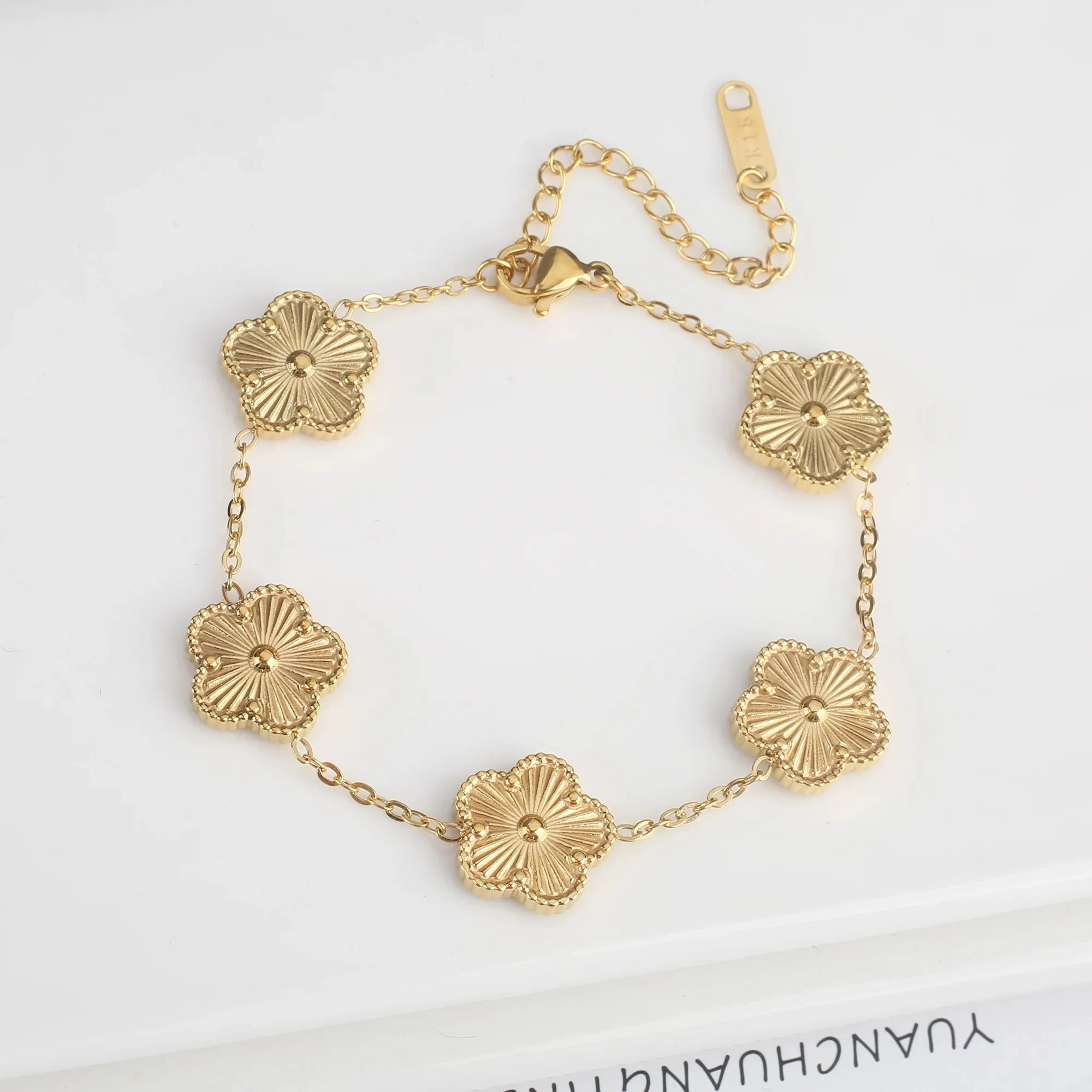 Adjustable New Design Gold Plated Stainless Steel 316L Plant Flower Bracelet With Five Leaf Petals Women's Luxury Gifts Clover 5