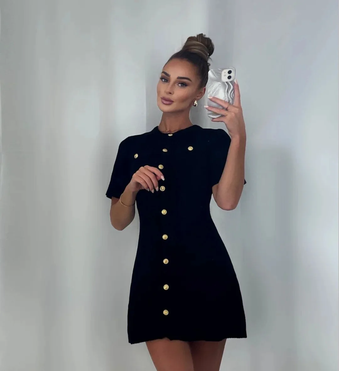 Solid Color Elegant Knitted Mini Dress For Women Metal Button Sexy Slim Rib Sweater Dress Holiday Party Outfits Spring 2025 New 8 Solid Color Elegant Knitted Mini Dress For Women Metal Button Sexy Slim Rib Sweater Dress Holiday Party Outfits Spring 2025 New
