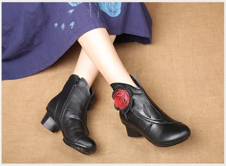 Vintage Rose Echtes Leder Stiefeletten Damen Heels Pump Booties Böhmen Schuhe Retro Mom Kurze Stiefel Kunstpelz Med Heel Schuhe – Detail 22