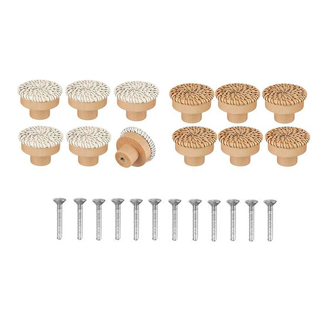 12Pcs Boho Rattan Dresser Knobs Round Wooden Drawer Knobs Handmade Wicker Woven and Screws for Boho Furniture Knobs