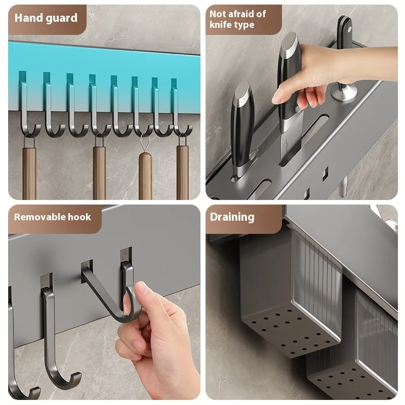 Household Organizer Rack 30/50cm Wall Mounted Knife Holder Kitchen Storage Shelving Units Tableware Shelf Towel Hanger
