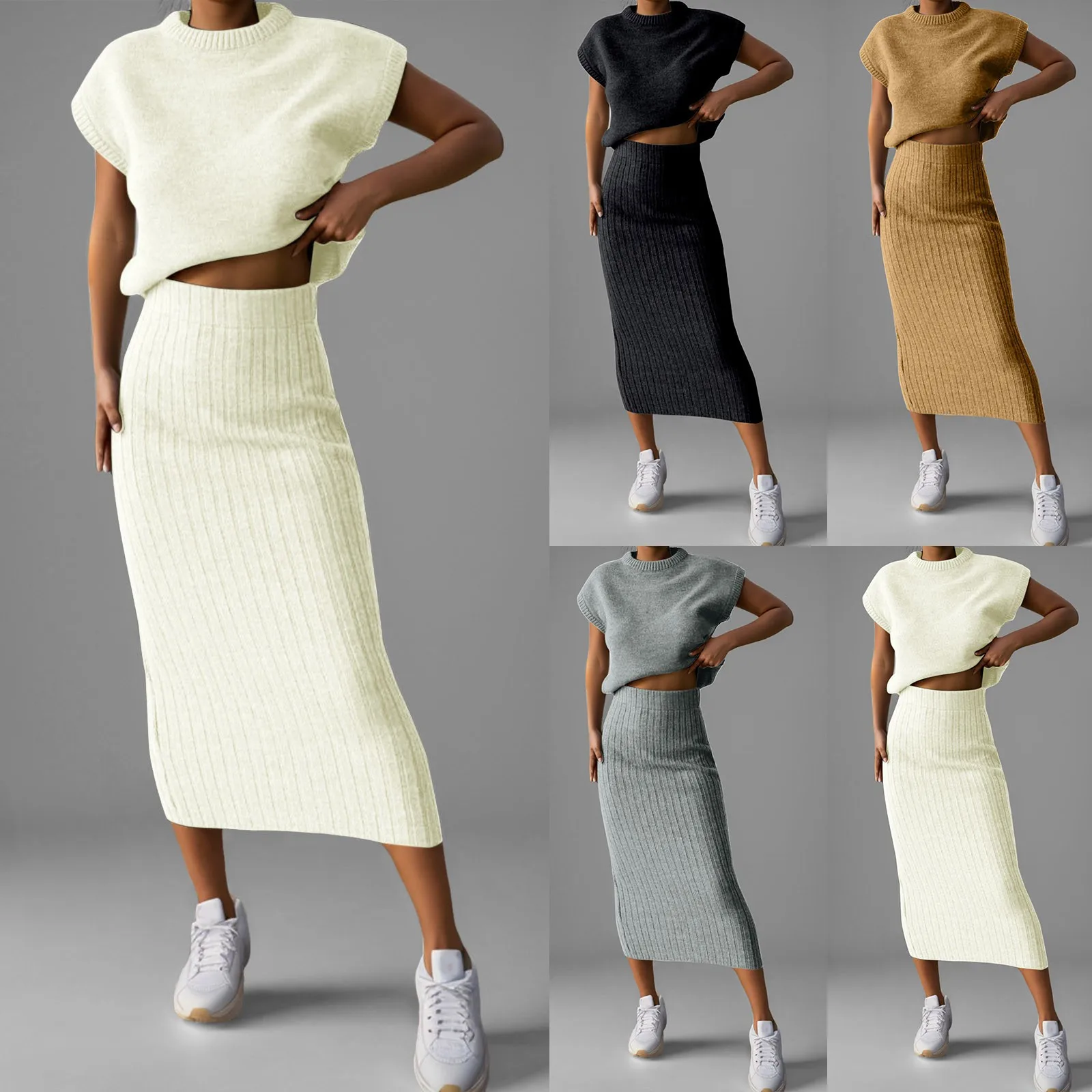 Solid Color Slim-fit Skirt Sets Striped High Waist Knitted Maxi Skirt for Women Short Sleeve Knitted T-shirts 2 Piece Dress Sets