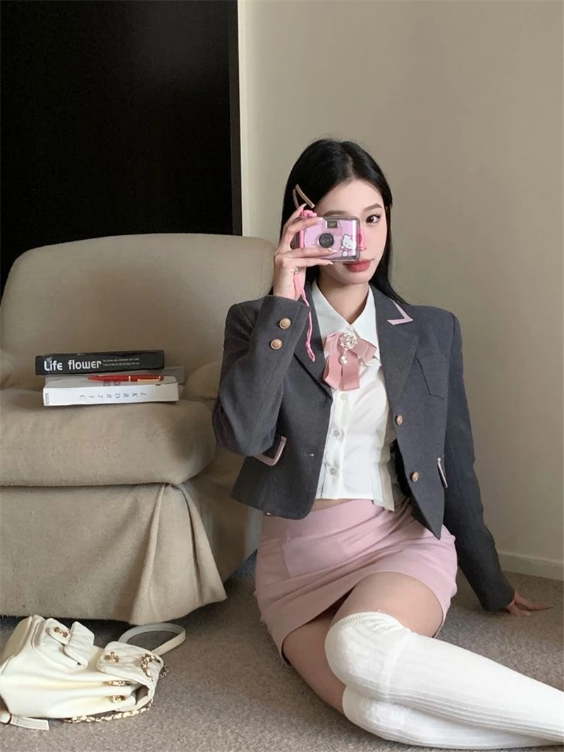 Spring Korean Uniform Set Girls Preppy Style Daily Casual JK Uniform Grey Short Suit Coat Slim Shirt Pink Wrap Hip Skirt