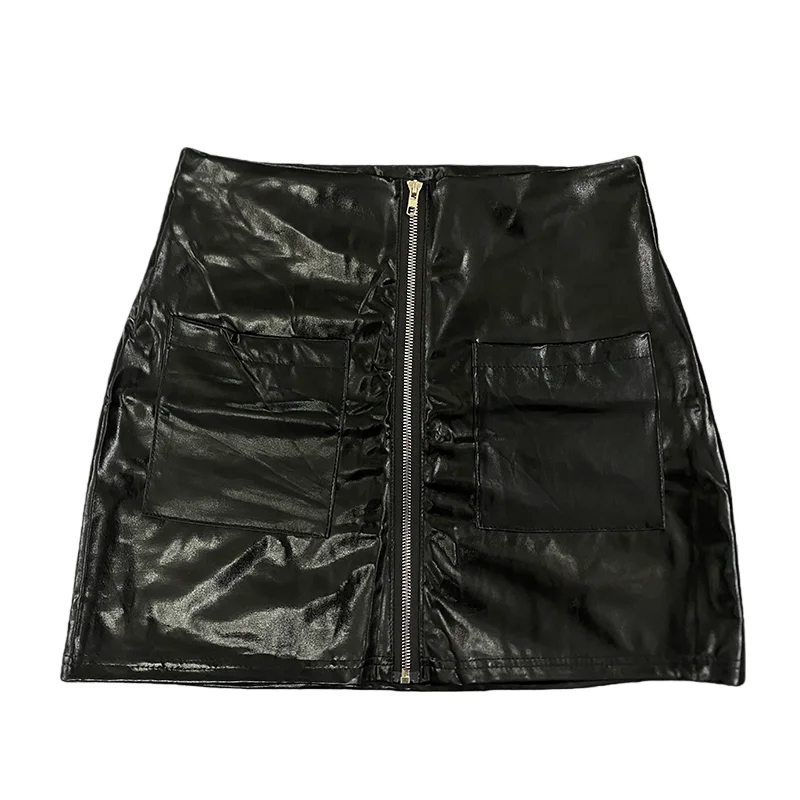 Women's Spring Casual PU Leather Short Skirt Black Mini Sexy Versatile Double Pocket Decoration Fashionable Spring Wear 6