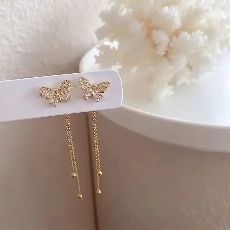 Dangle Earrings Fashion Butterfly Tassel Drop For Women Trendy Shiny Rhinestone Korean Jewelry Girls Party Gifts