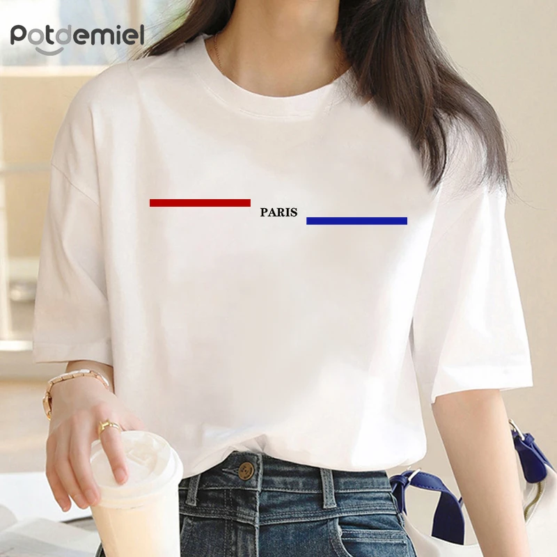 빨간색 및 파란색 줄무늬 파리 프린트 만화 여성 패션 의류 티셔츠, 반팔 상의, 기본 티 그래픽 티셔츠 S-5XL, 여름