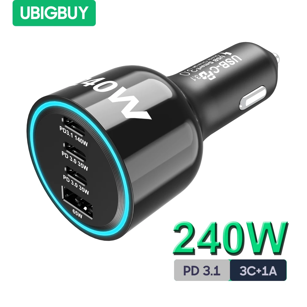 

Ubigbuy 240W Car Charger PD 3.1 140W PPS 45W Super Fast Charging USB C Car Phone Adapter for MacBook Pro iPhone Samsung Laptops