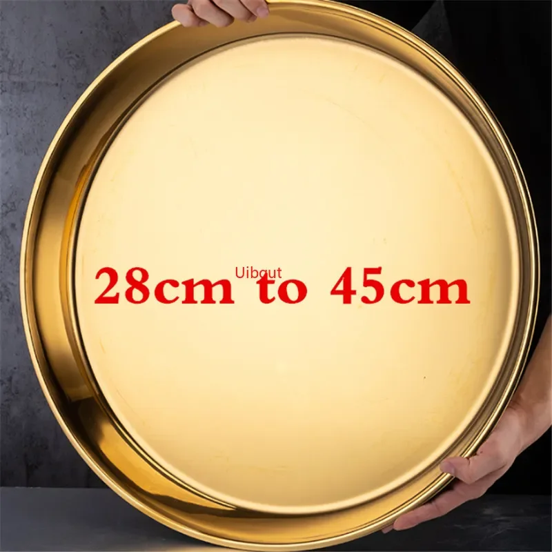 Gold stainless steel big round Serving Tray Plate steak Dish Dinner BBQ Grill Meat
