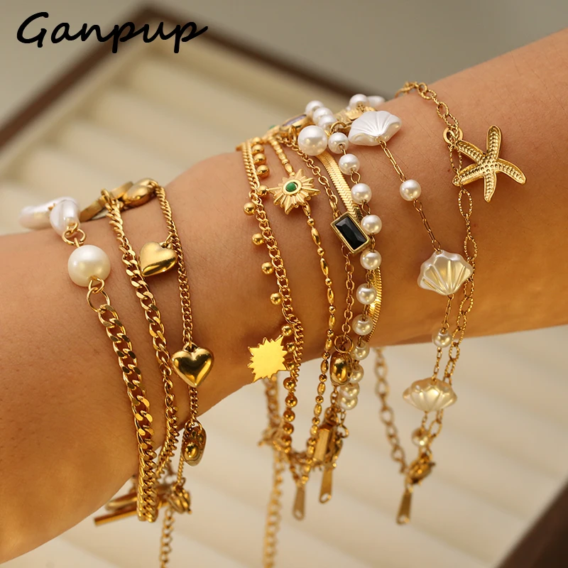 GANPUP 316L Edelstahl Zarte Perle Seestern Charms Armband Für Frauen 2025, Textur Wasserdicht Handgelenk Kette Schmuck Geschenk