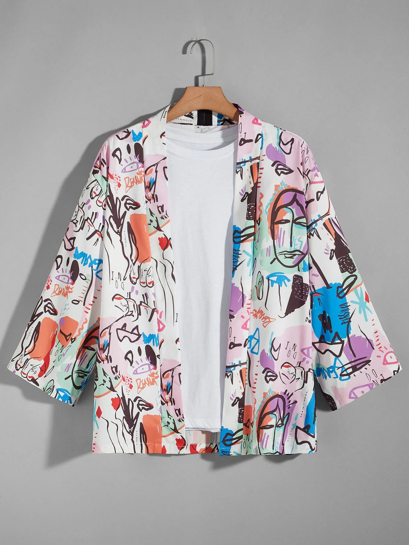 

Men's Kimono Three-quarter Sleeve Graffiti Digital Print Shirt 2022 New Tops