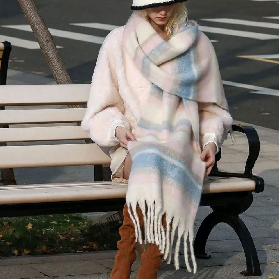 Korean Winter Striped Cashmere Scarf Women Warm Thick Mohair Scarf Shawl Fashionable Tassel Scarf Neck Protection 200*40cm
